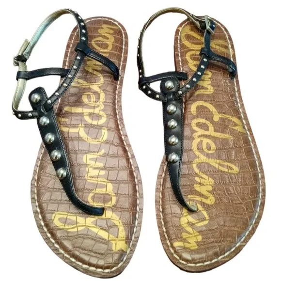 EUC | Sam Edelman | Gigi | Black Leather | Gold Studded Thong Sandal | Size: 10 - Picture 1 of 14